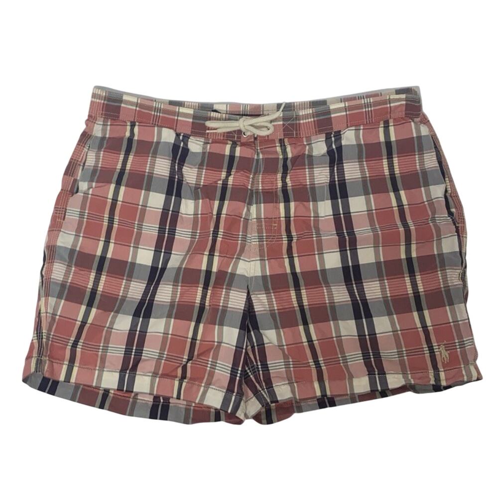 Polo Ralph Lauren Swim Trunks Men Plaid XXL Mesh Lining Pink Plaid Beach